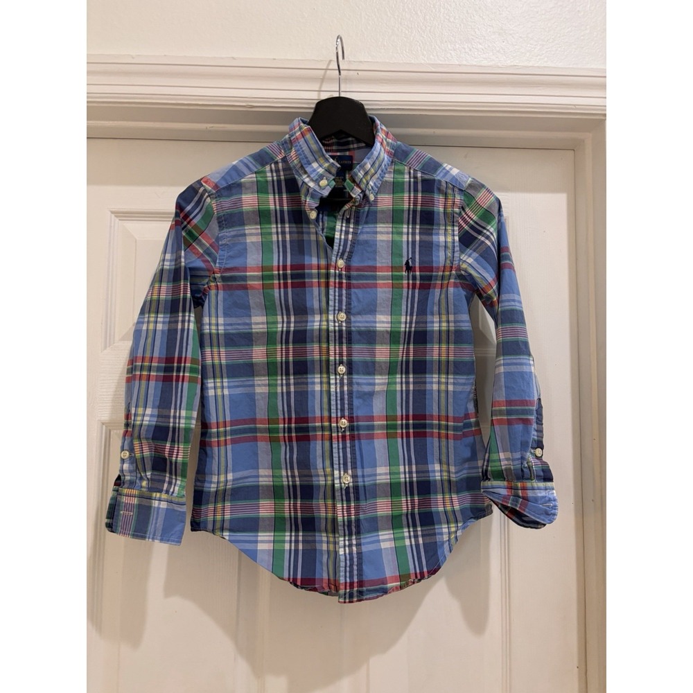 Ralph Lauren Boys Plaid Button-Down Shirt Blue Green Long Sleeve M (10-12) Logo
